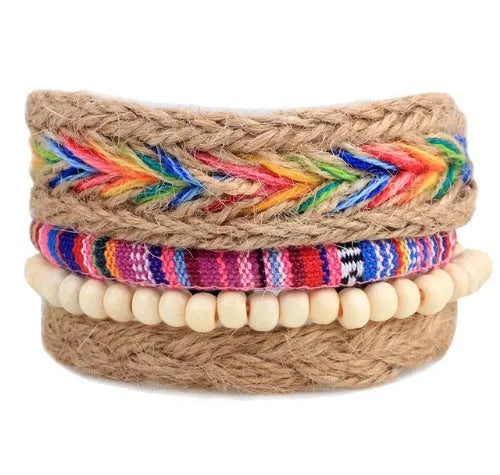 Adjustable leather punk wrap bracelet with wooden beads and multilayer design