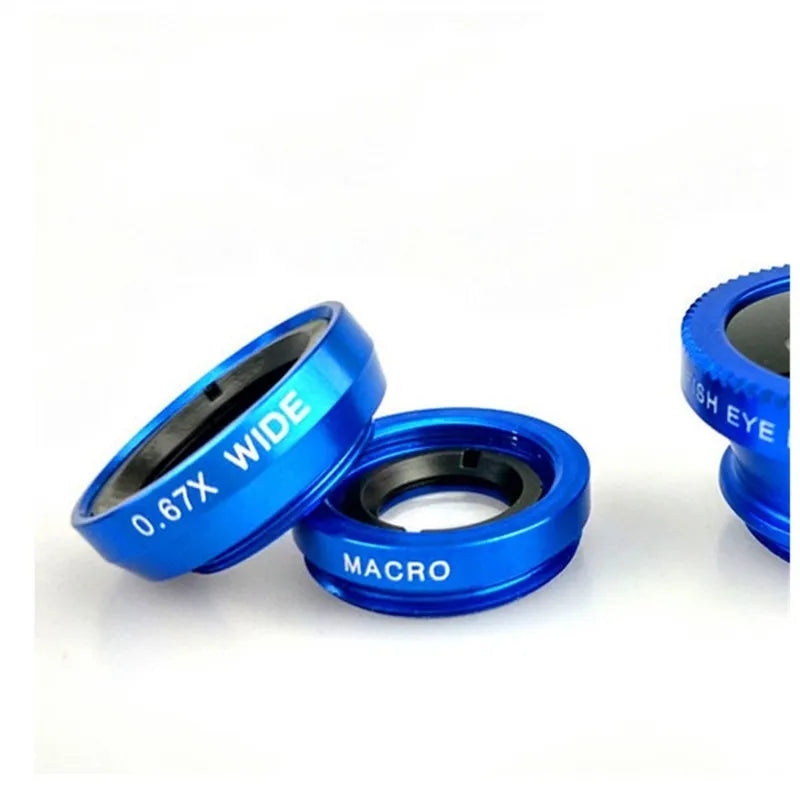 Three-in-one smartphone camera lens kit showing fisheye, wide-angle, and macro lenses with a universal clip.