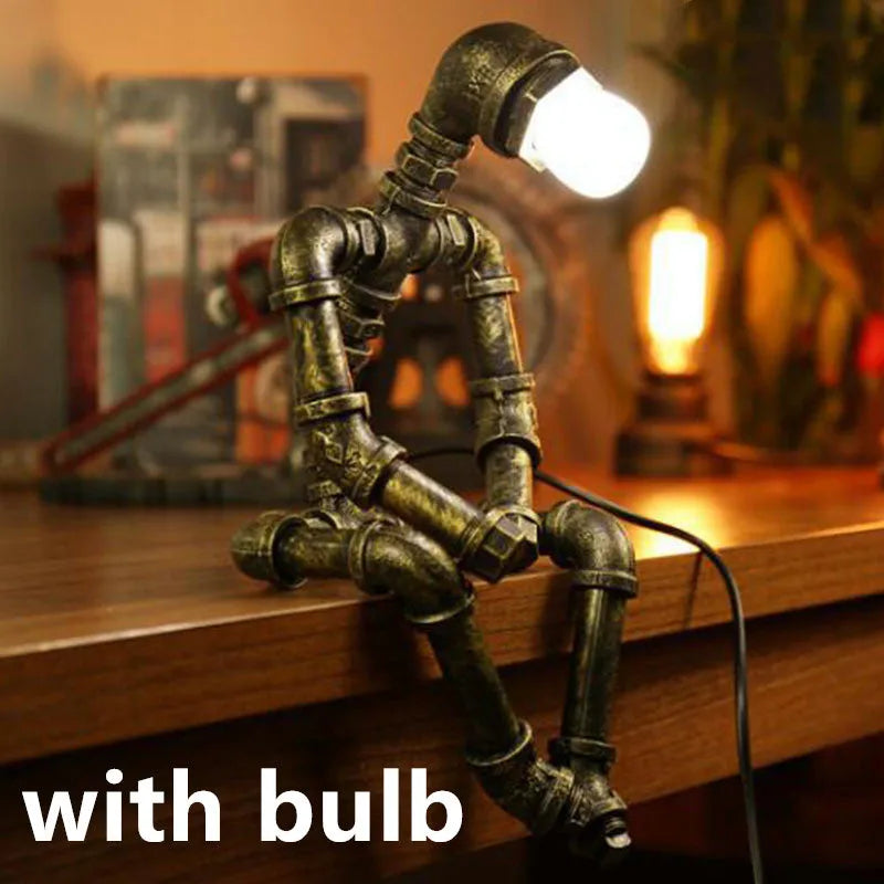 Robot Table Lamp vintage industrial desk light with iron pipe design green bronze finish