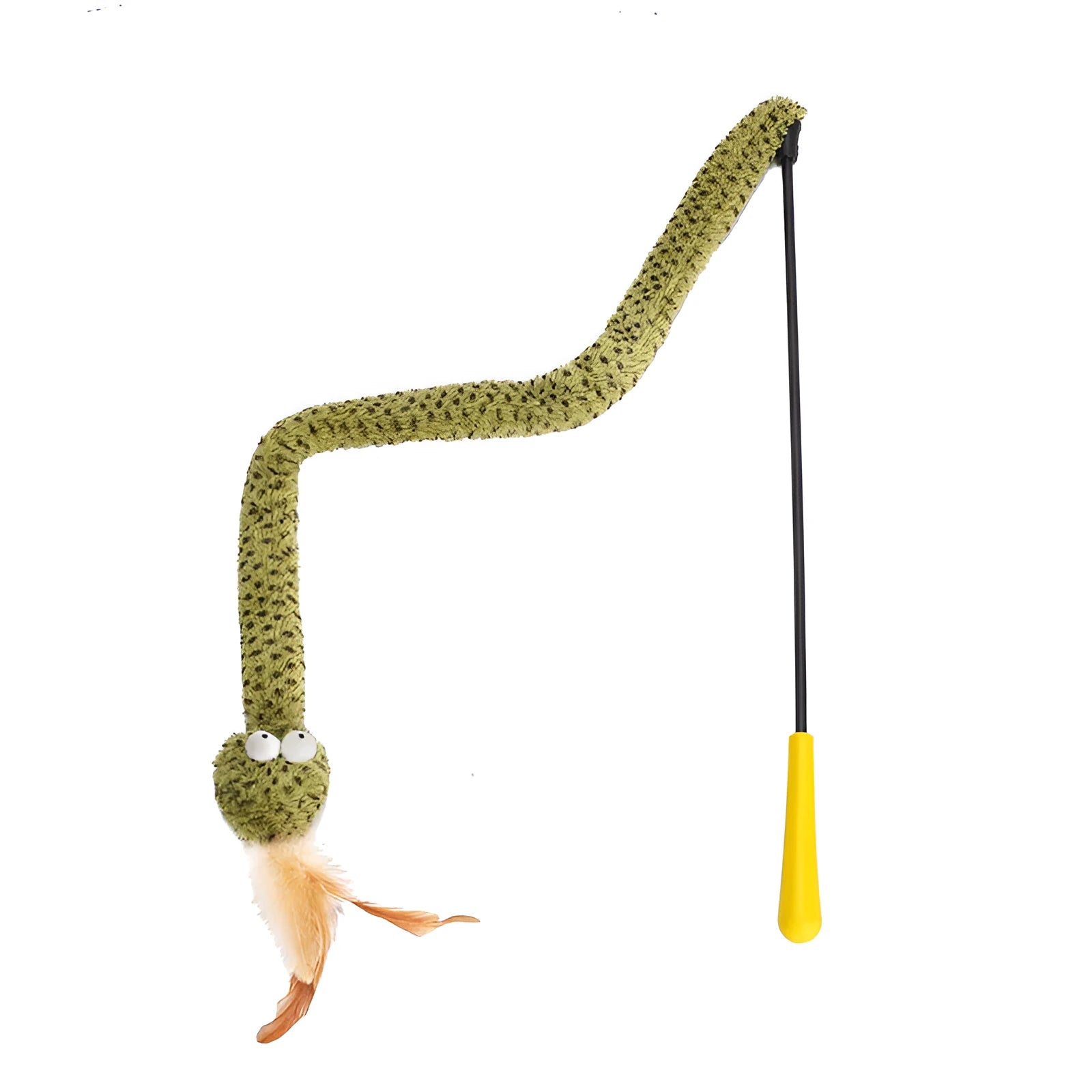 Green cat teasing stick with feather attachments on 140cm pole for interactive play