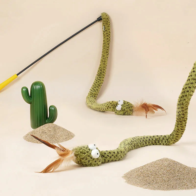Green cat teasing stick with feather attachments on 140cm pole for interactive play