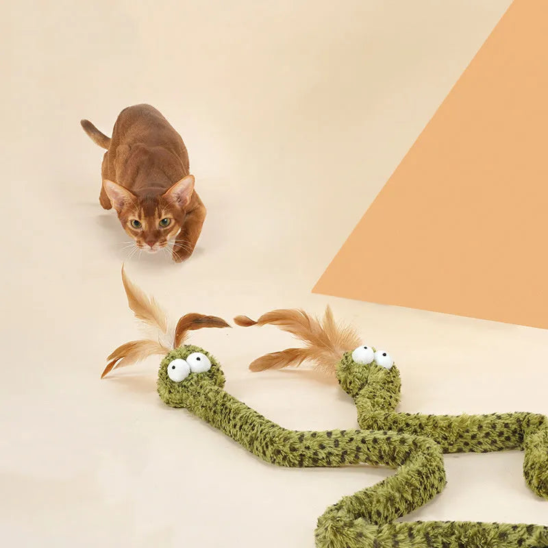 Green cat teasing stick with feather attachments on 140cm pole for interactive play