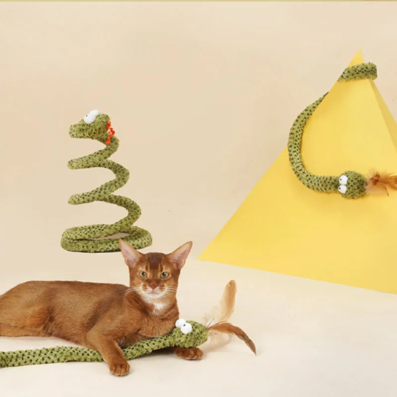 Green cat teasing stick with feather attachments on 140cm pole for interactive play