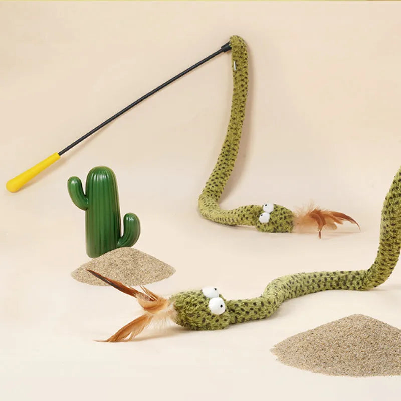 Green cat teasing stick with feather attachments on 140cm pole for interactive play