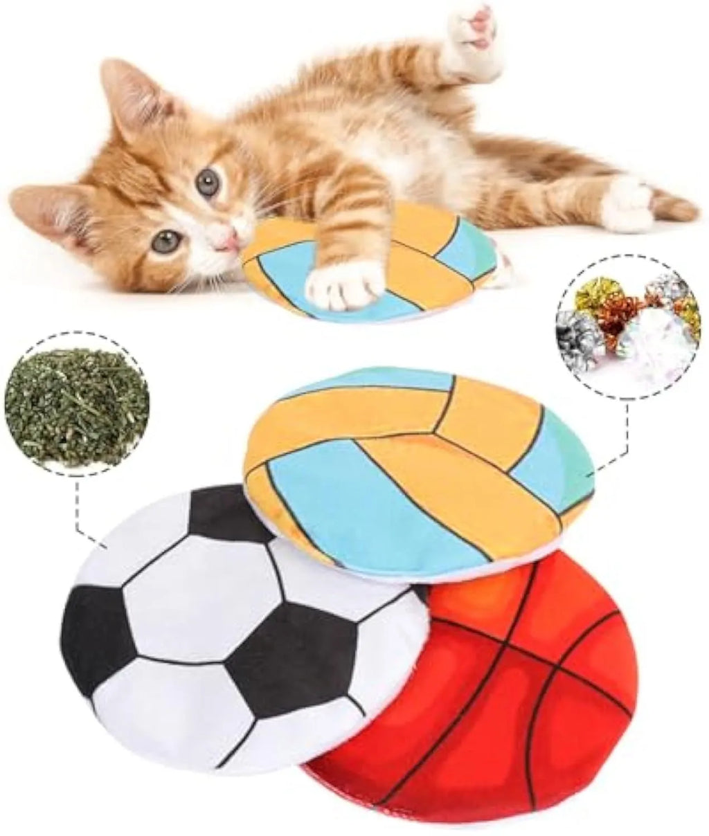 5cm catnip and crinkle disc toy with plush exterior in sports ball patterns
