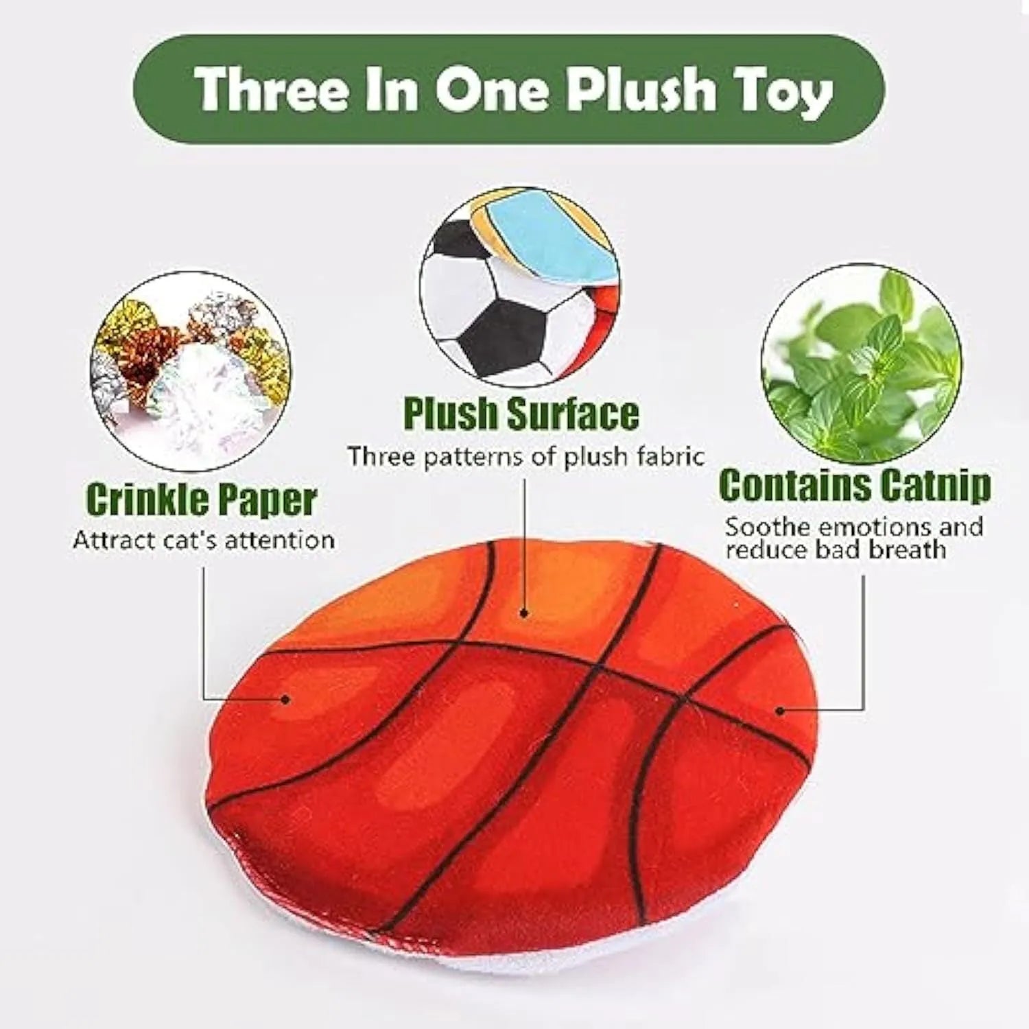 5cm catnip and crinkle disc toy with plush exterior in sports ball patterns