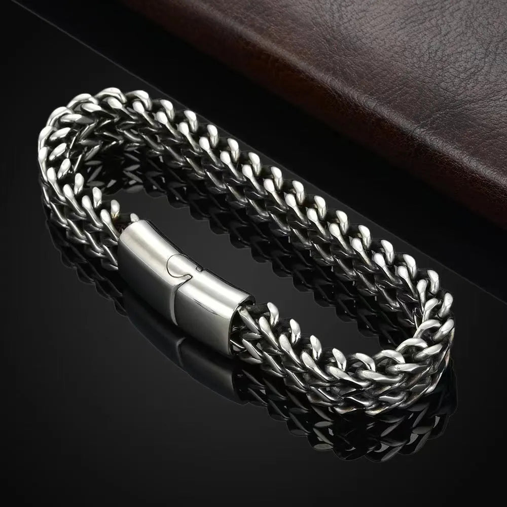 Silver titanium steel geometric bracelet showing 4x8mm and 5x10mm style variants