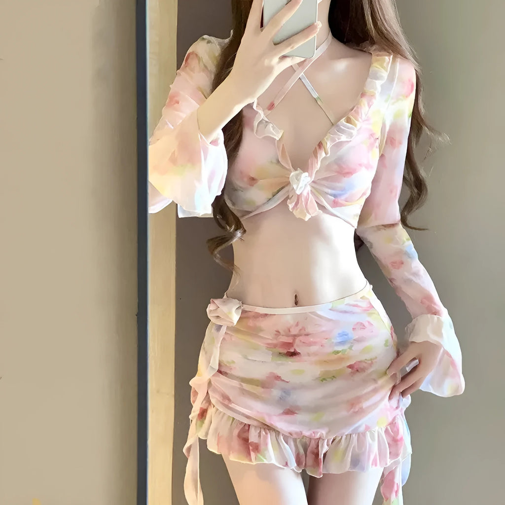 Women's floral cherry blossom pink bikini set for beach and hot spring wear