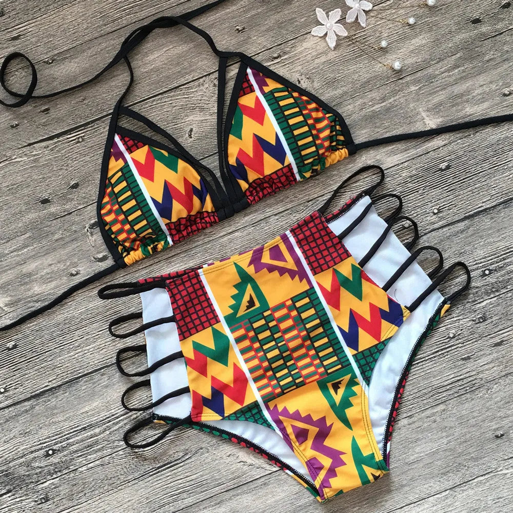 Women's high-waisted digital print bikini swimsuit with backless design
