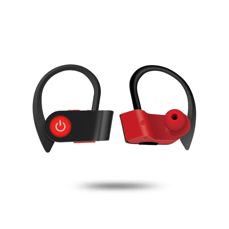 Black wireless Bluetooth earphones with ergonomic in-ear design, showing built-in buttons and microphone.