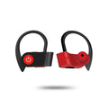 Black wireless Bluetooth earphones with ergonomic in-ear design, showing built-in buttons and microphone.