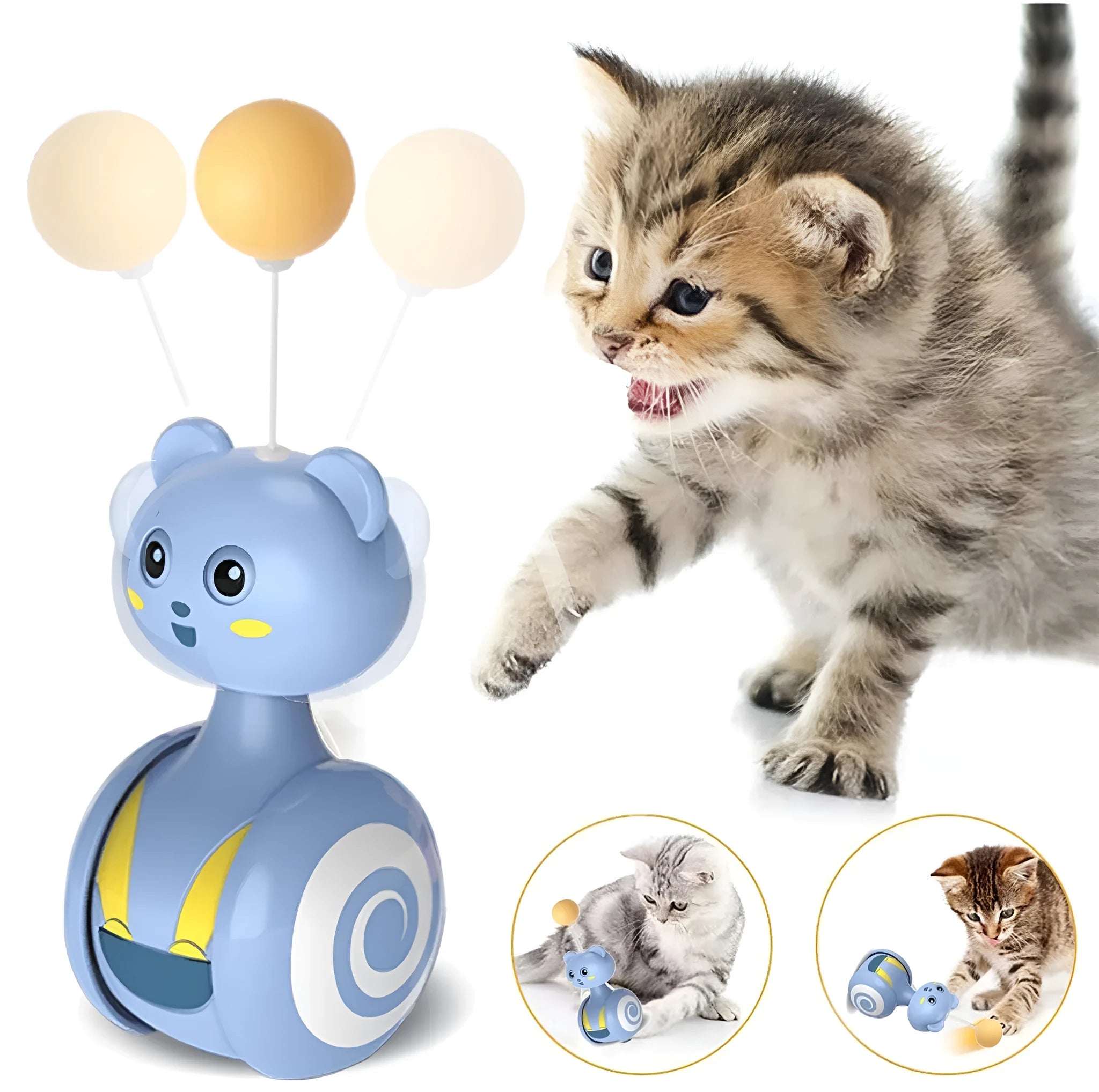 Blue cat feather wand toy with rotating ball bumbler design on pink background