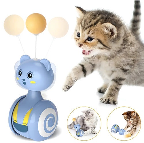 Blue cat feather wand toy with rotating ball bumbler design on pink background