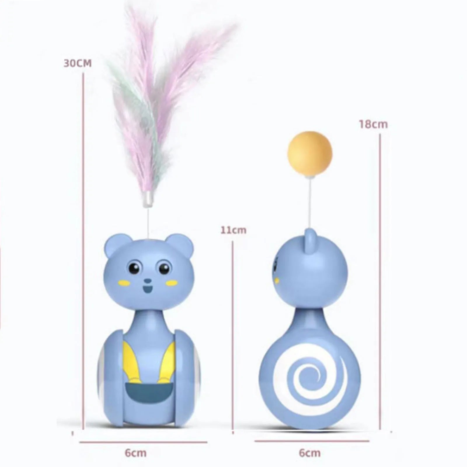 Blue cat feather wand toy with rotating ball bumbler design on pink background