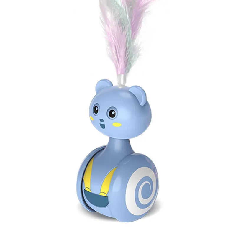 Blue cat feather wand toy with rotating ball bumbler design on pink background