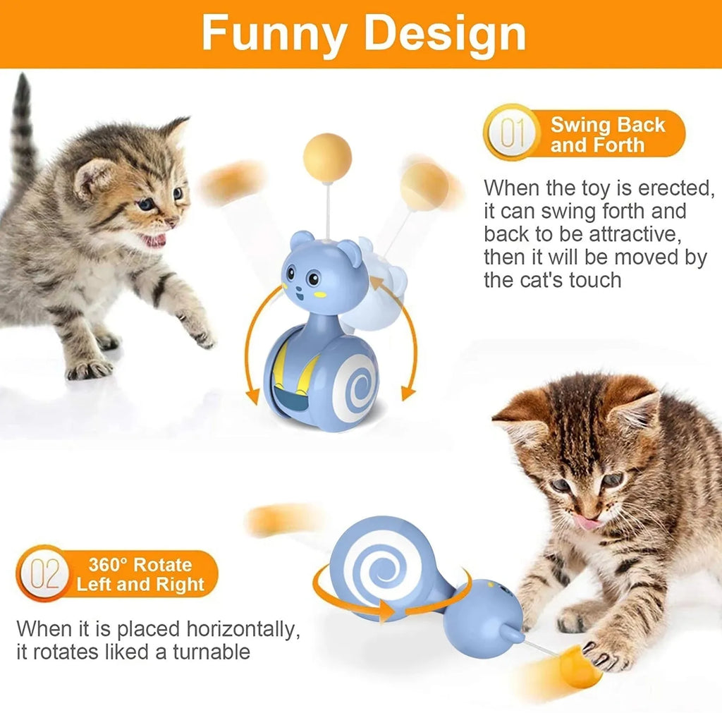 Blue cat feather wand toy with rotating ball bumbler design on pink background