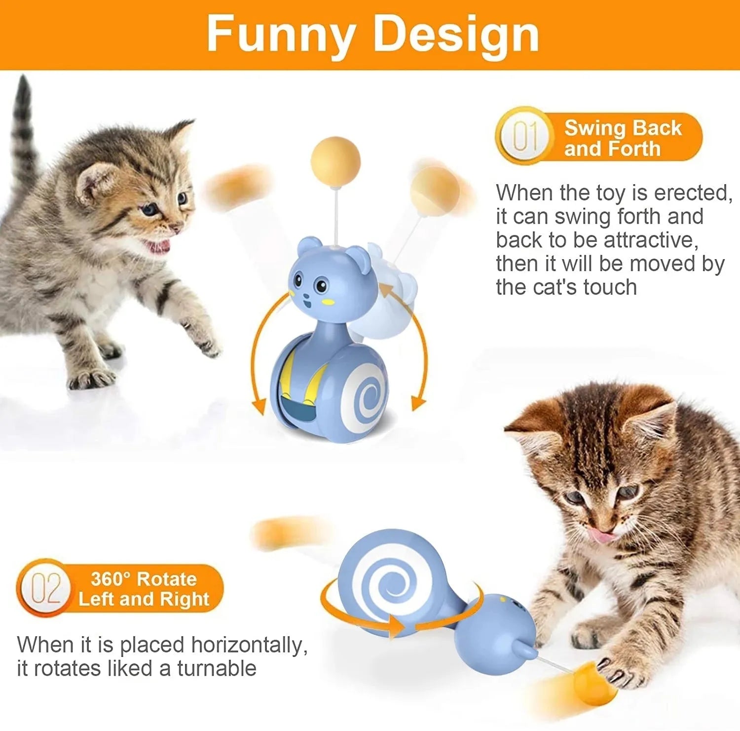 Blue cat feather wand toy with rotating ball bumbler design on pink background