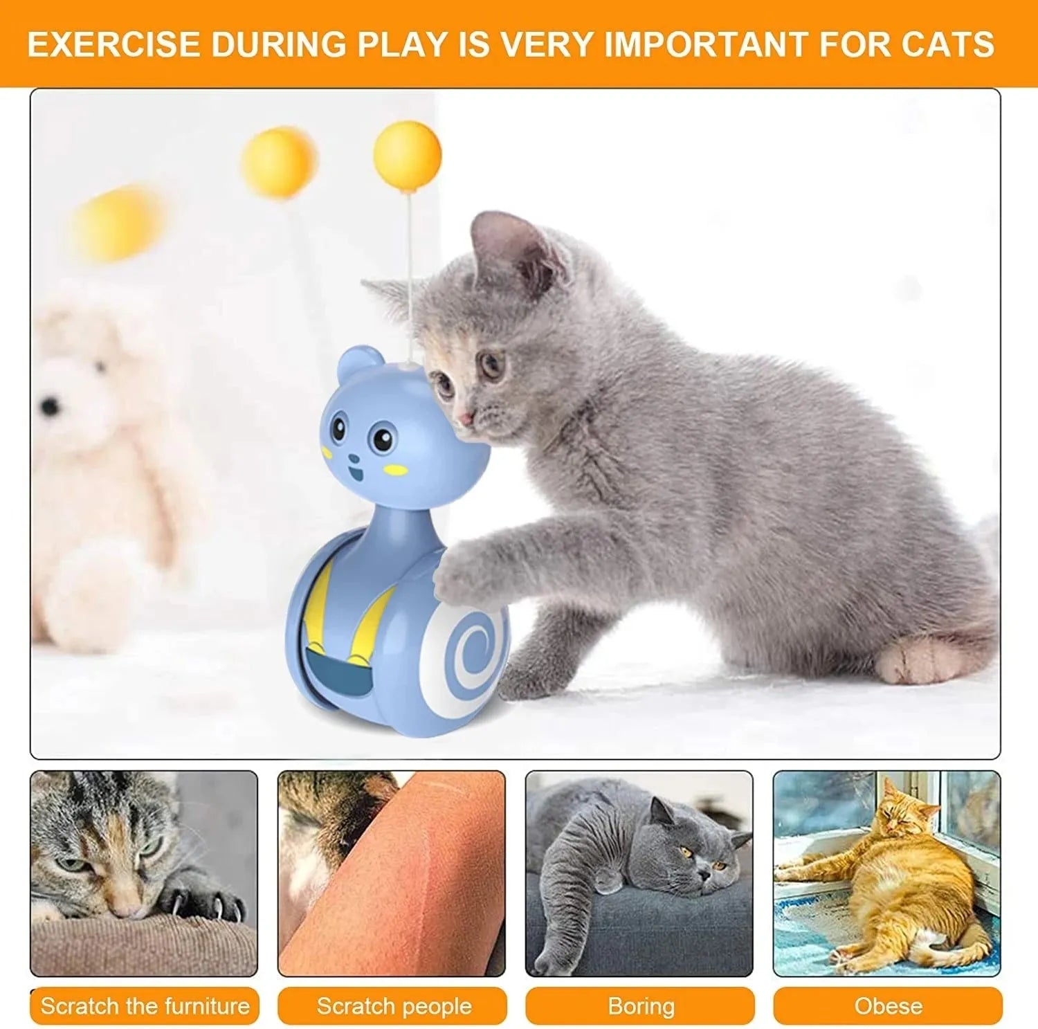 Blue cat feather wand toy with rotating ball bumbler design on pink background