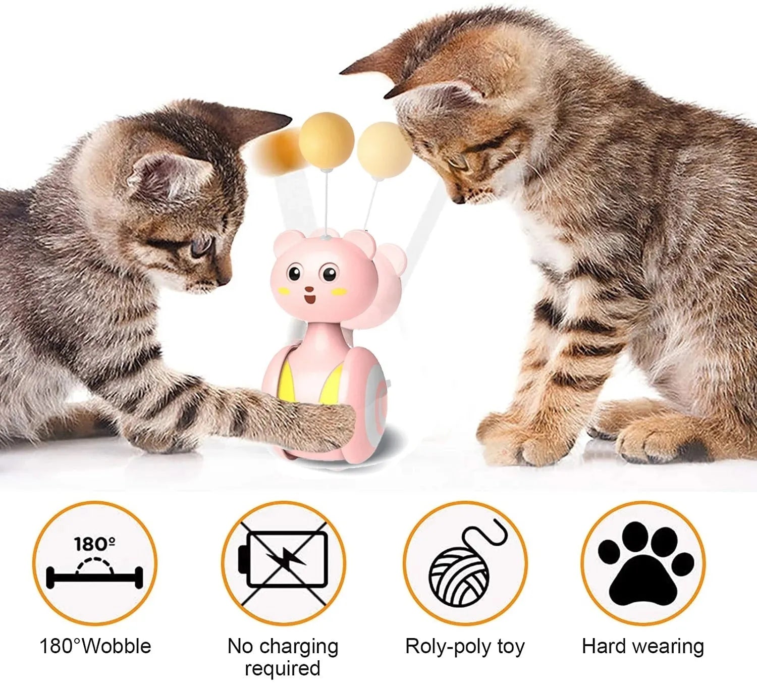 Blue cat feather wand toy with rotating ball bumbler design on pink background