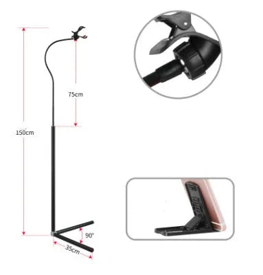 Black and white bedside mobile phone holder with universal bracket and adjustable overhead support shelf