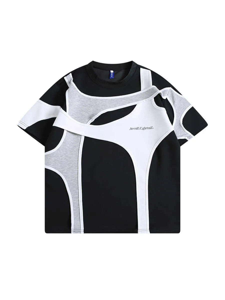 Black and white men's T-shirt with padded shoulder straps and double-layer stitching in loose fit