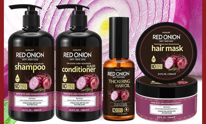 Red onion shampoo conditioner four-piece set with shampoo, conditioner, hair mask and essential oil bottles
