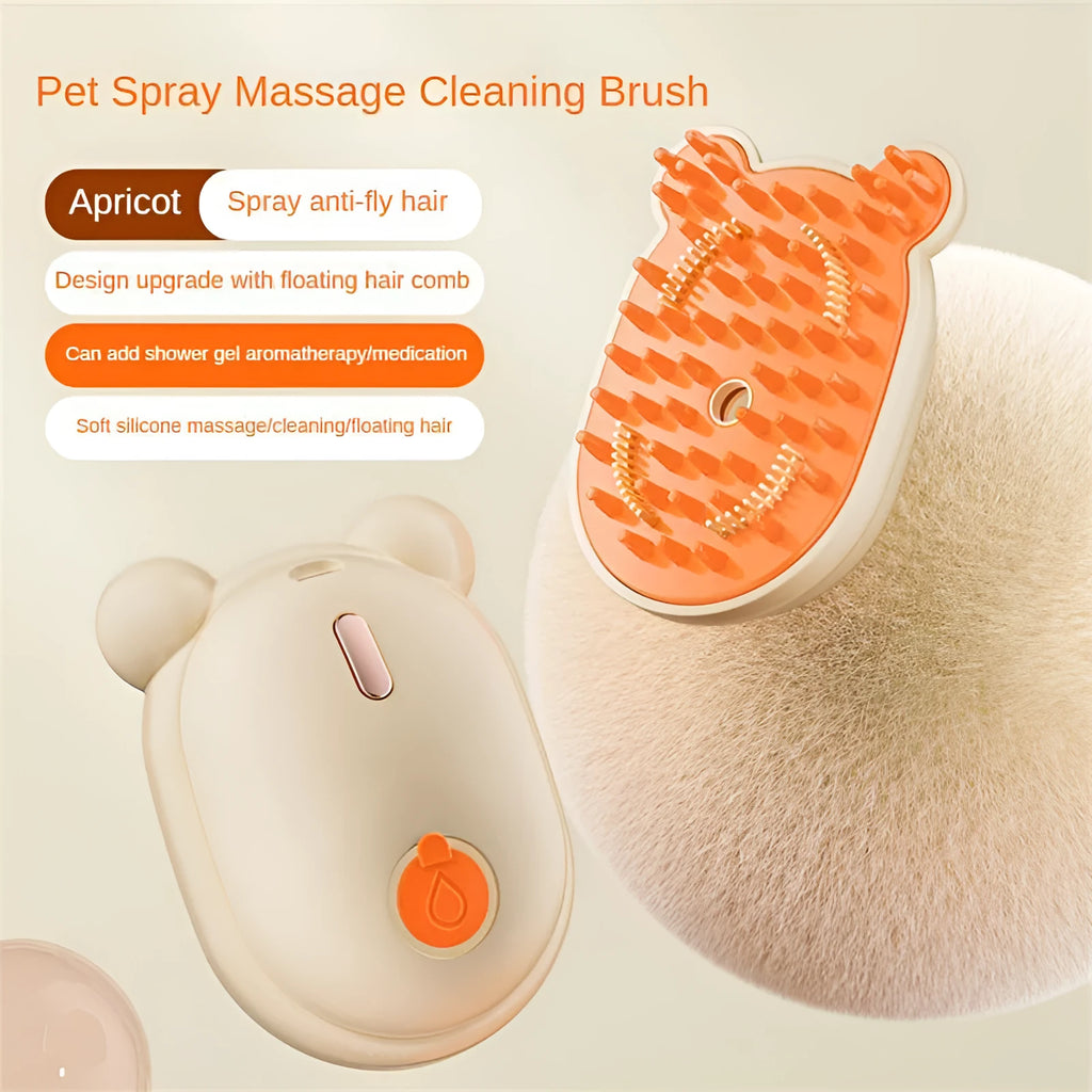 Pink and yellow rechargeable pet grooming spray brush with removable silicone comb head.