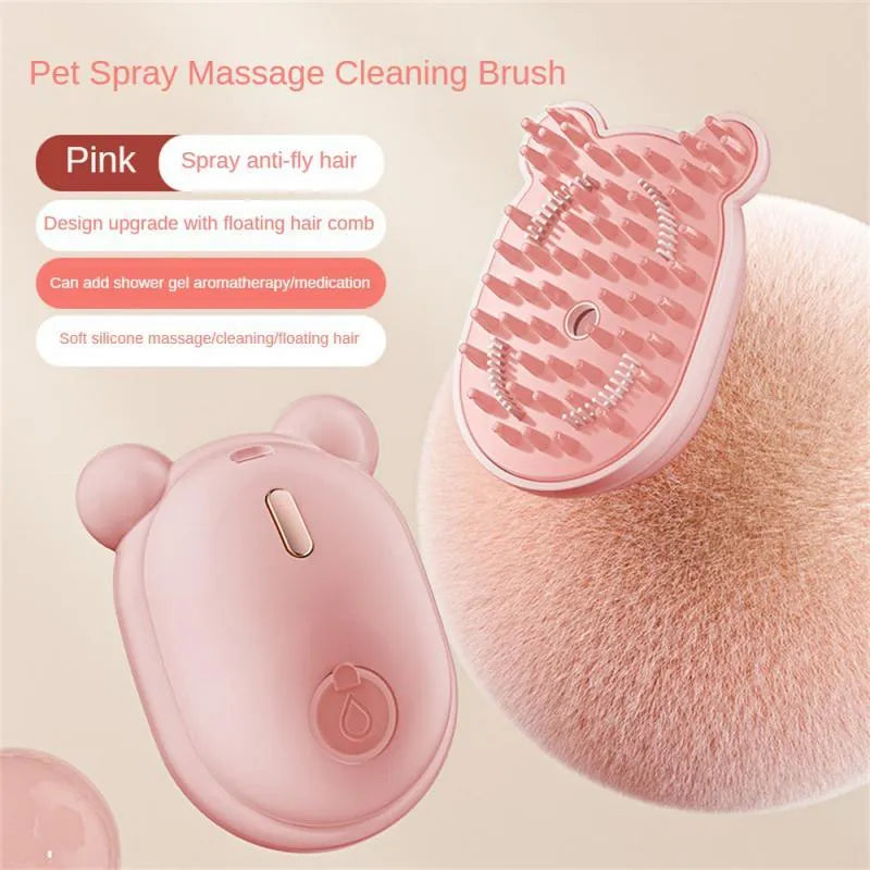 Pink and yellow rechargeable pet grooming spray brush with removable silicone comb head.