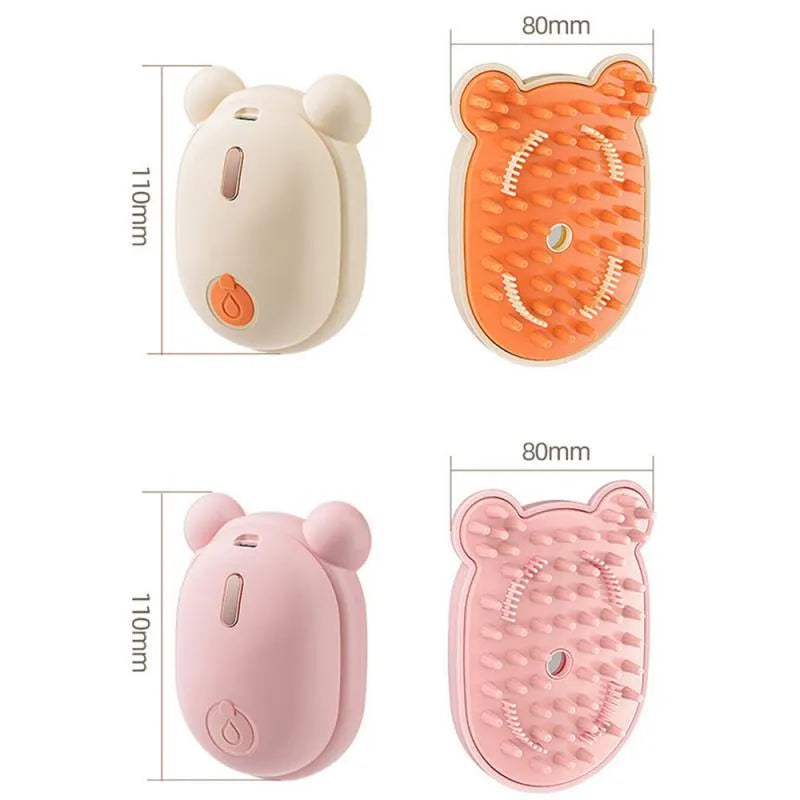 Pink and yellow rechargeable pet grooming spray brush with removable silicone comb head.