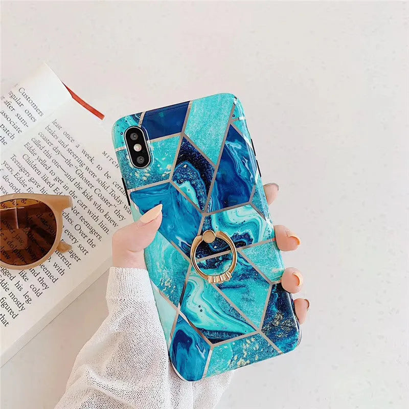 TPU geometric plating phone case with bracket ring for iPhone, in blue, pink, purple, or white colour options
