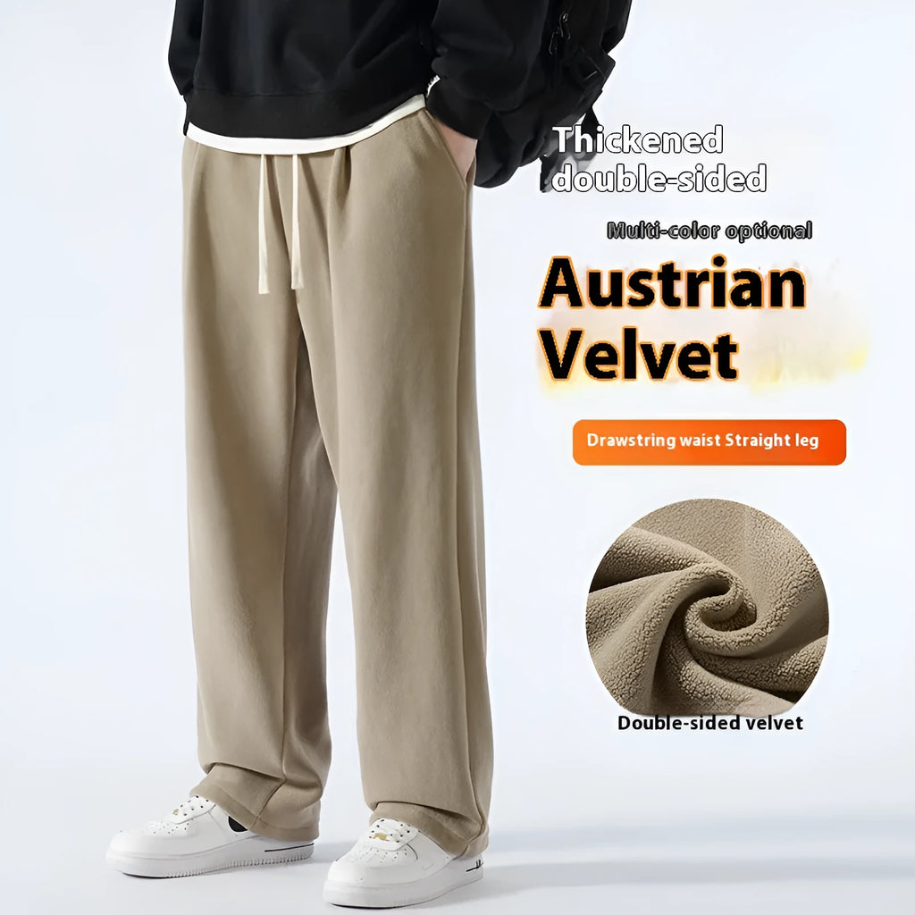 Men's fleece-lined winter sports trousers in Korean loose style with drawstring waist