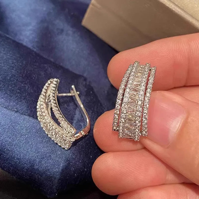 Geometric-shaped zircon stud earrings with white gold colour plating for women