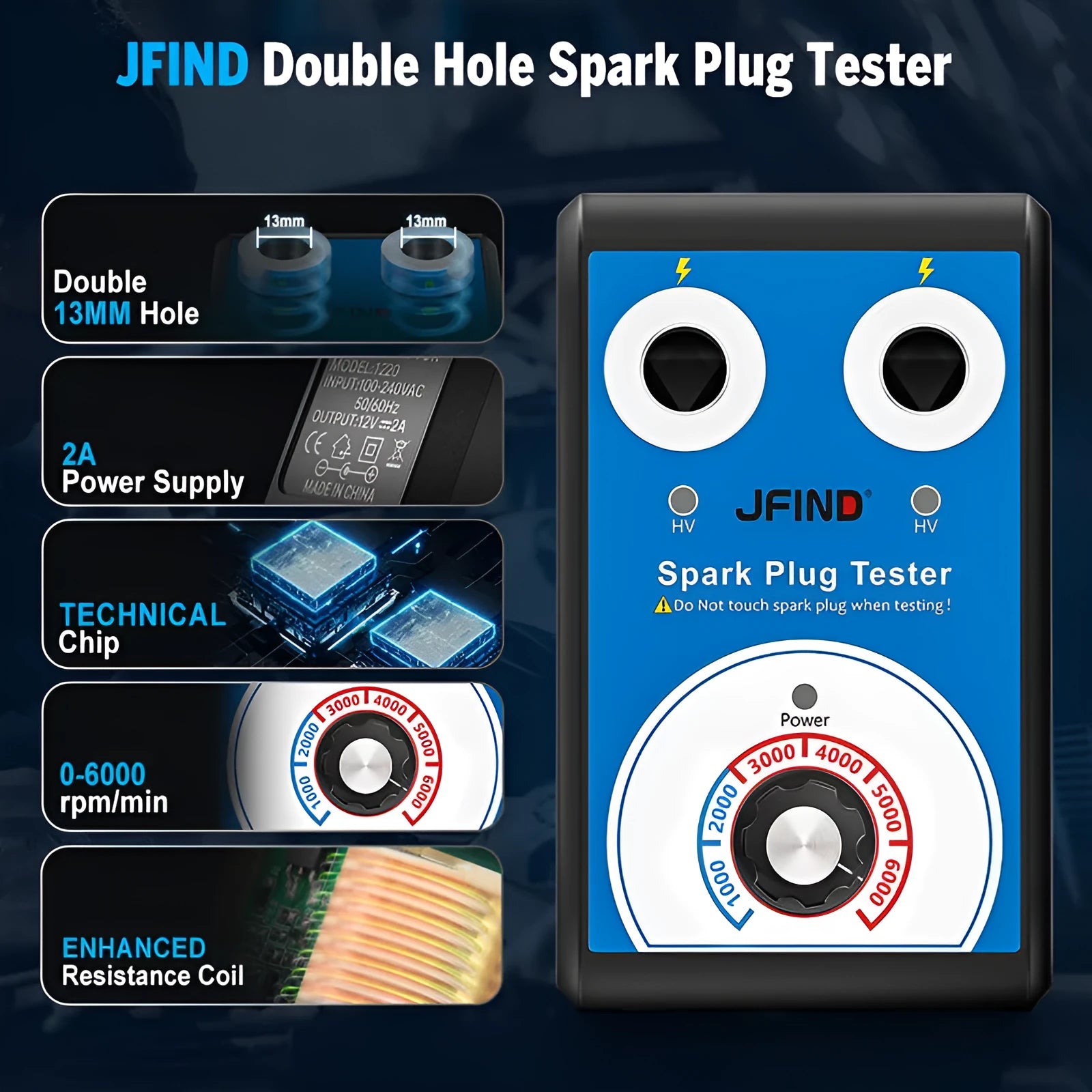 Car double-hole plug ignition system detector diagnostic tool on a workshop bench