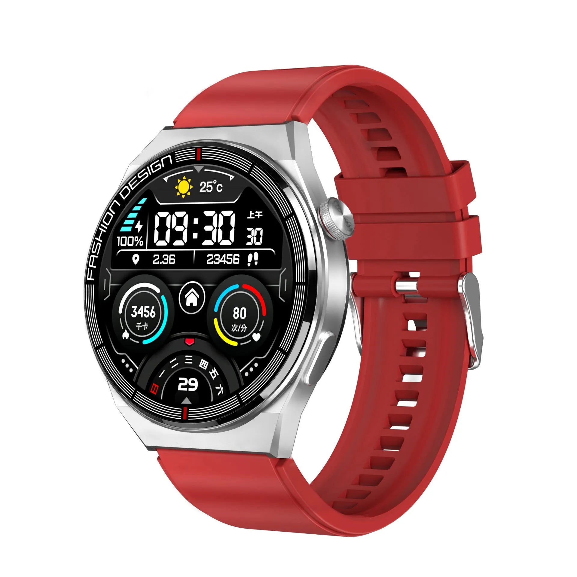 46mm smartwatch with black case and silicone strap showing health metrics on 1.28-inch screen