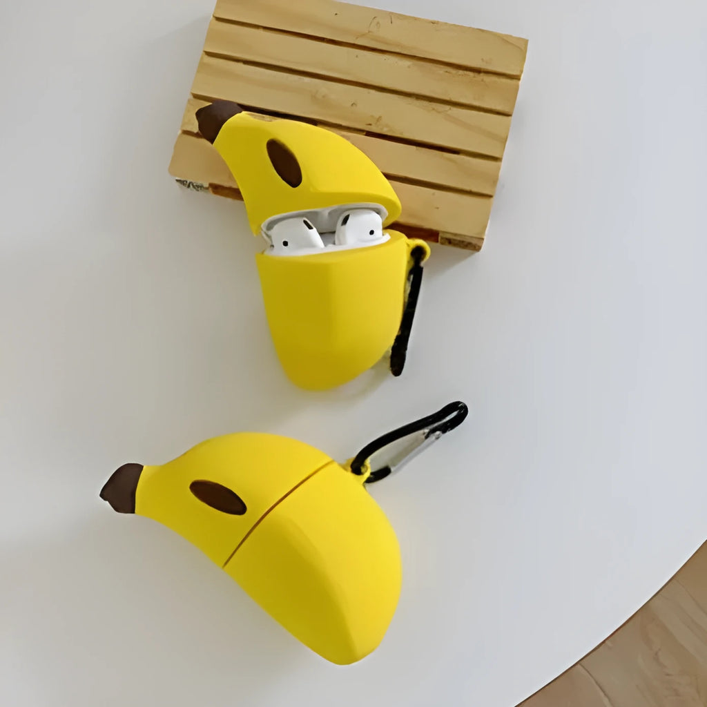Yellow banana-shaped silicone protective case for Apple AirPods Pro and AirPods 3rd generation.