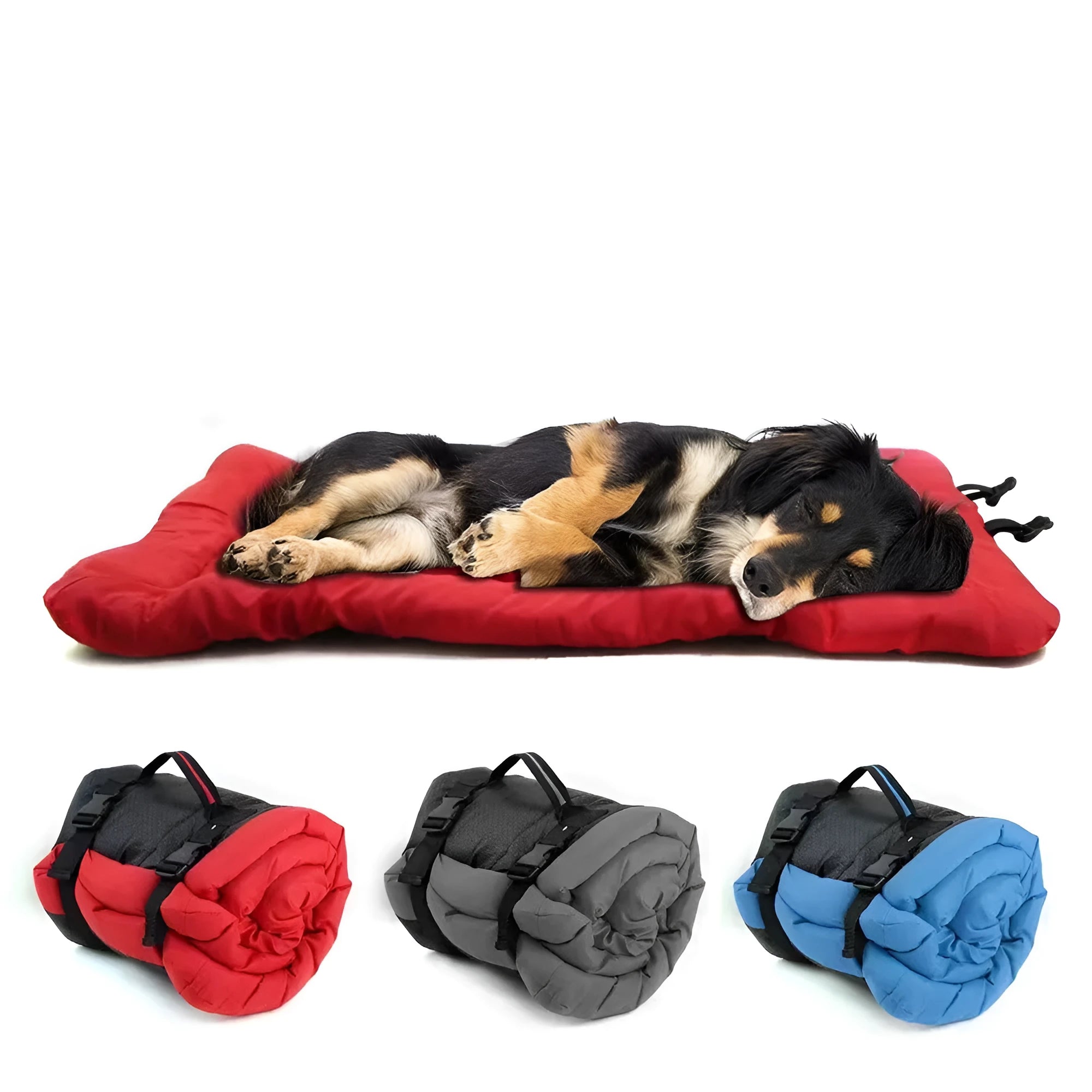 Blue folded portable dog bed with nylon buckles next to an unfolded bed on grass.