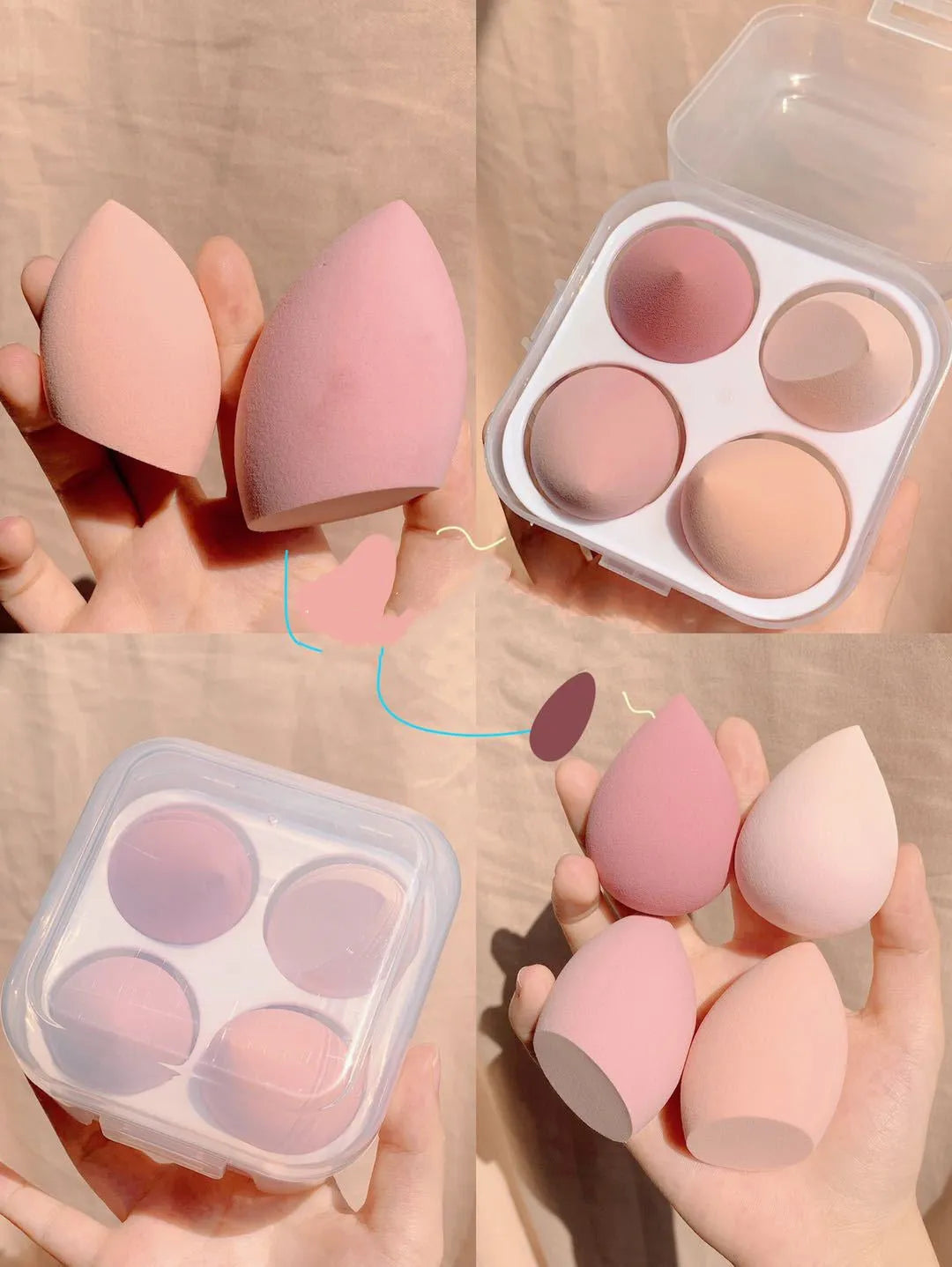 Four colourful makeup sponge eggs in grape, mango, mint and peach arranged in box