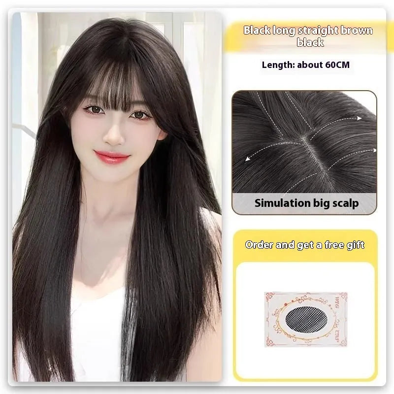 Long straight black wig with forehead lace and side bangs made from high temperature fibre.