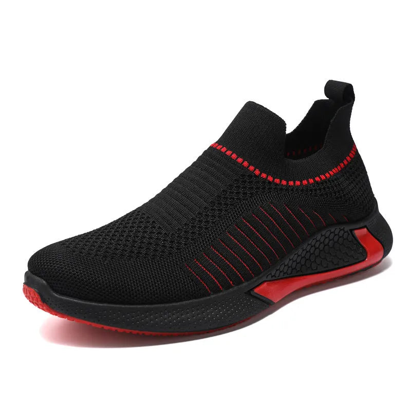 Men's black and white mesh sock sneakers with a striped design and lace-up front.
