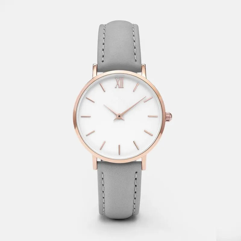 Square alloy case quartz watch with PU leather strap in various colours including grey, green, pink, and black.