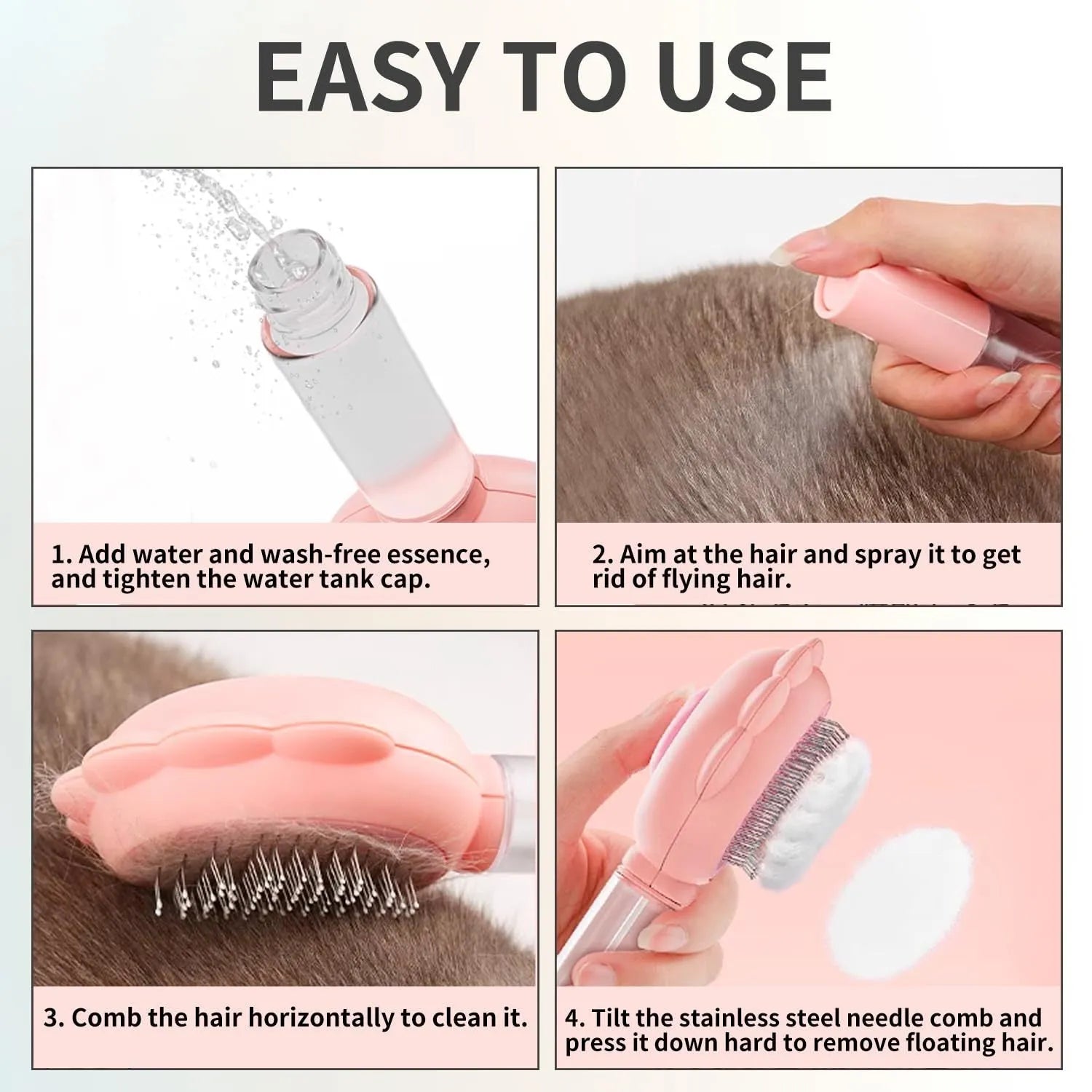 Grey spray cat brush with self-cleaning button and stainless steel bristles on a white background.