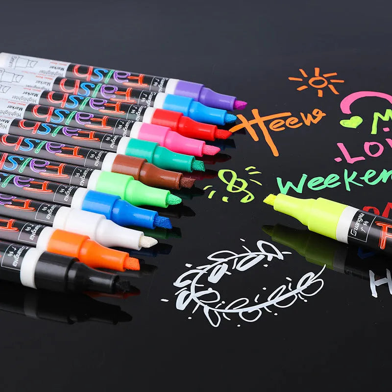 Electronic fluorescent plate highlighter pen with 6mm oblique tip shown in 8-colour set for writing on presentation boards