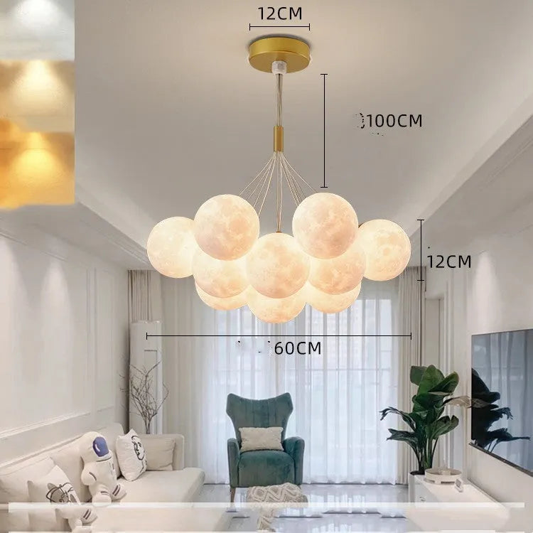 Nordic style bubble moon bedroom chandelier with gold iron body and spherical PMMA lampshades