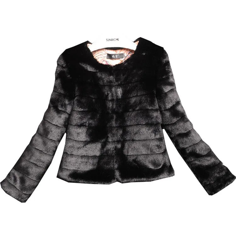 Women's short-length faux fur jumper in beige, shown with regular sleeves and a textured rabbit fur-style pile.
