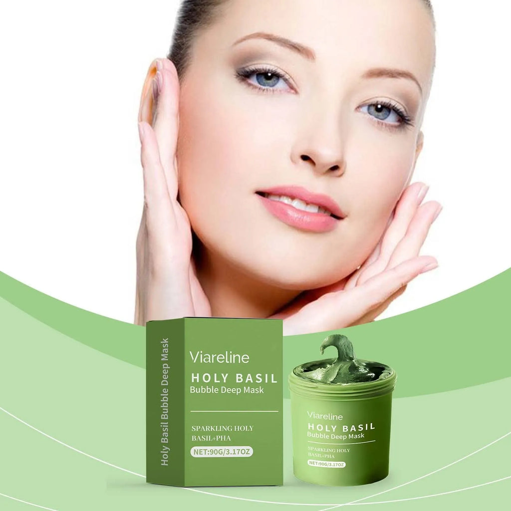 Holy Basil Bubble Deep Mask tube and product foam on hand