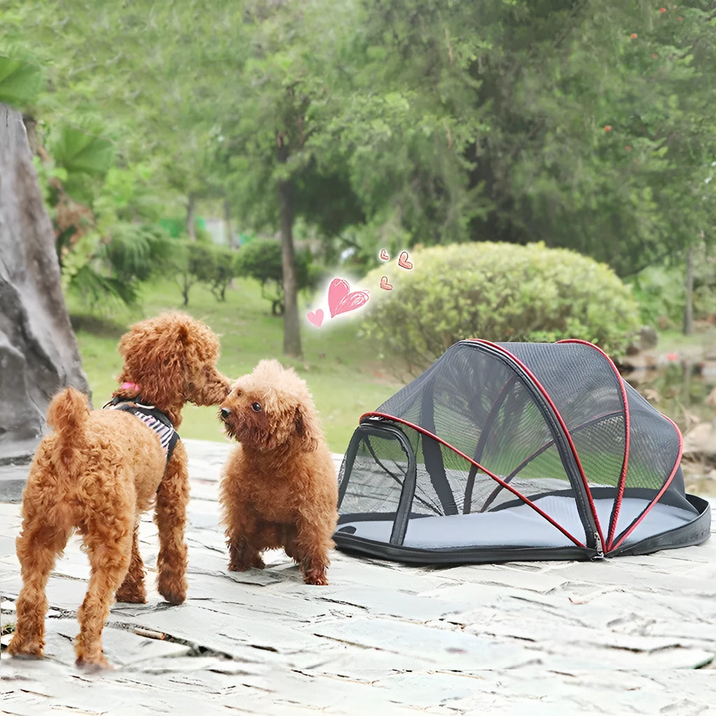 Portable folding cloth tent for cats in blue half mesh variant, set up as a travel bed.