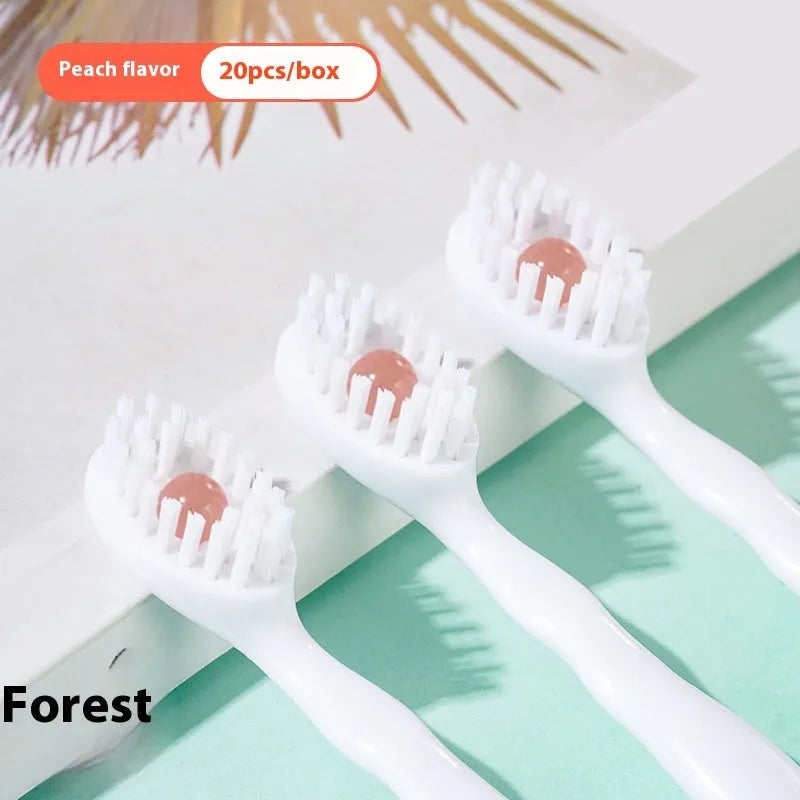 Box containing 20 disposable bead toothbrushes for travel and portable oral hygiene