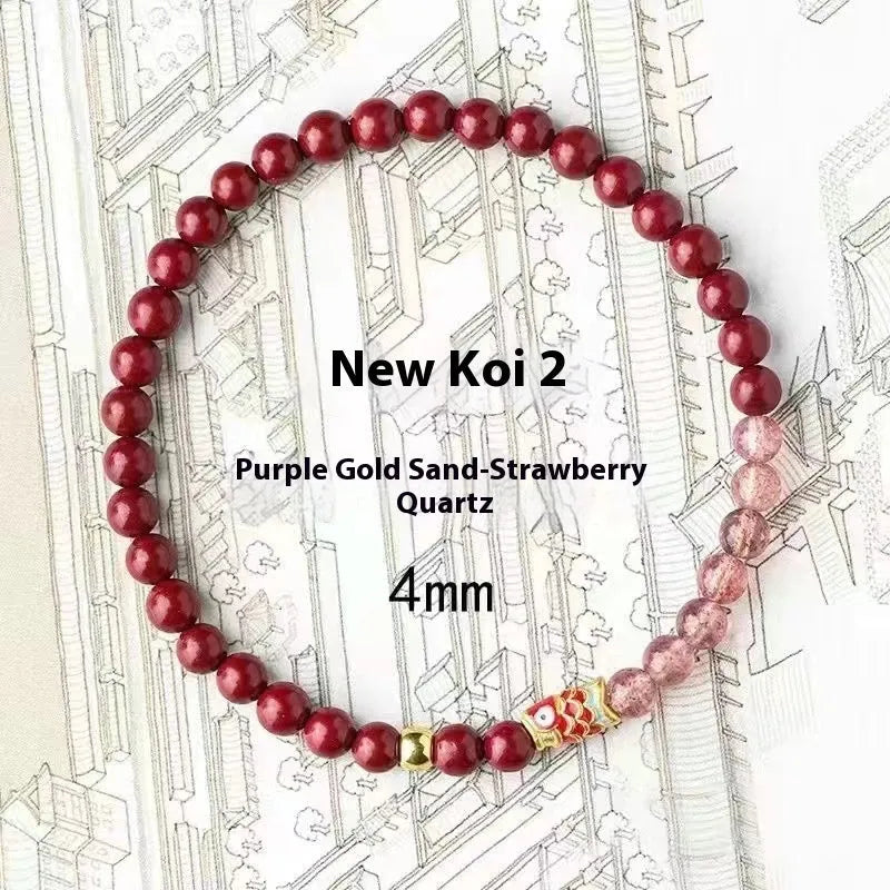 Close-up of a women's purple cinnabar and strawberry quartz lucky bead bracelet in a retro style.