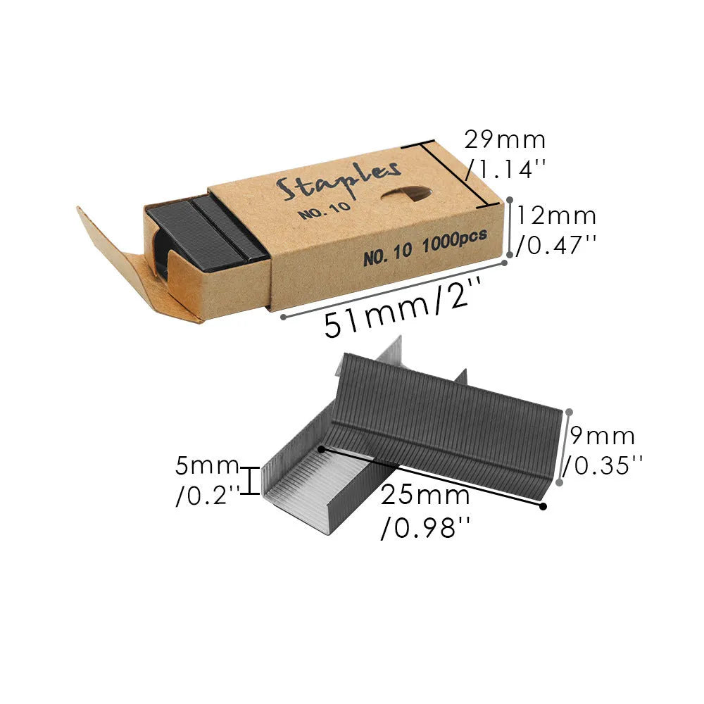 A box of 1000 metal office staples in choices of black, purple, rose gold, or rose red colour.