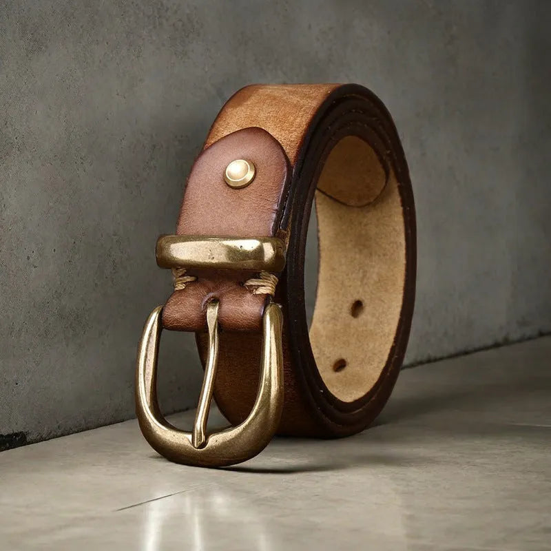 Men's casual jeans belt in cattlehide leather with copper buckle in black, brown, or khaki